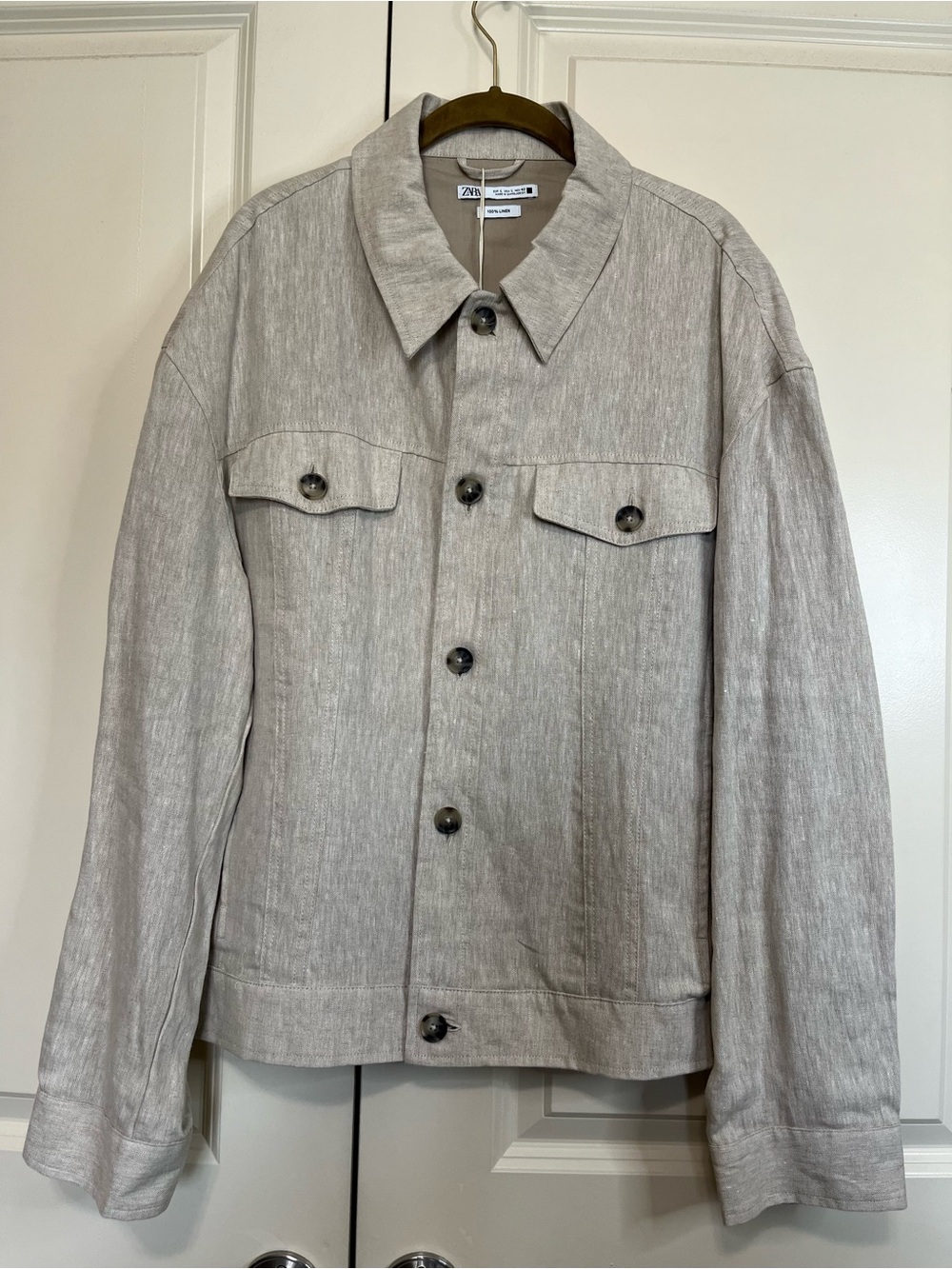 Zara Men Light Beige Linen-Blend Button Shirt Jacket